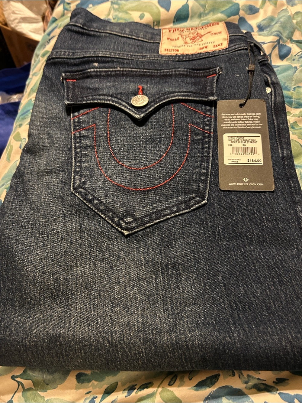 True Religion Ricky Men's Indigo Denim Jeans with Red Stitching
